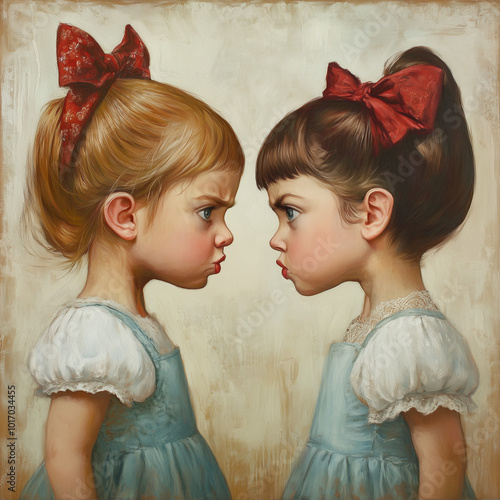 Two serious sisters facing off with intense expressions, showcasing sibling rivalry and playful competition
