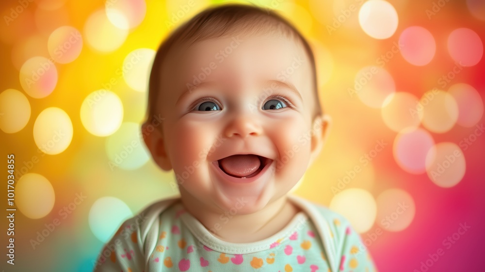 Joyful baby laughing against a vibrant, colorful bokeh background, capturing a playful and cheerful mood with bright lighting. Joyful baby laughing against a vibrant, colorful bokeh background, capturing a playful and cheerful mood with bright lighting.
