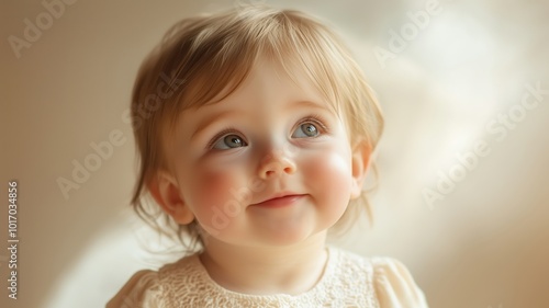 Happy baby smiling against a warm, golden bokeh background, creating a soft and joyful atmosphere.