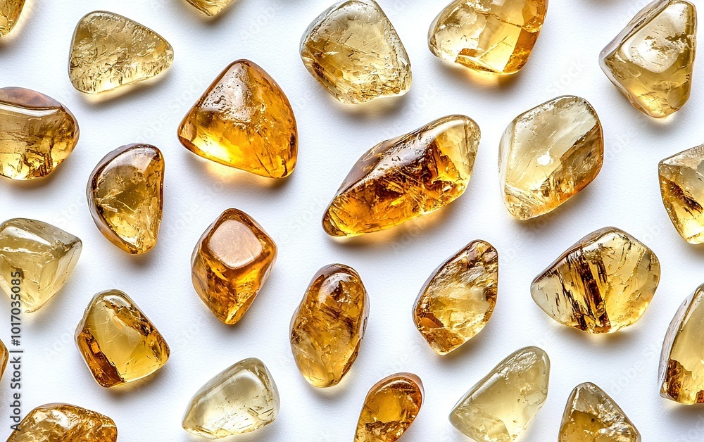 A collection of polished amber stones scattered on a white background showcasing their natural hues and shapes in bright light