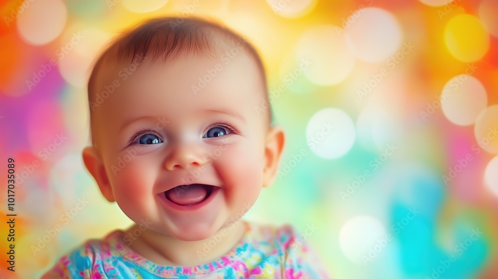 Joyful baby laughing against a vibrant, colorful bokeh background, capturing a playful and cheerful mood with bright lighting. Joyful baby laughing against a vibrant, colorful bokeh background, capturing a playful and cheerful mood with bright lighting.