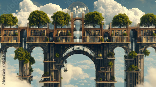 A futuristic cityscape with a bridge soaring high above the clouds, adorned with lush greenery and a glass dome. photo