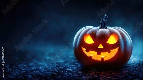 Halloween pumpkin with glowing eyes on dark background photo