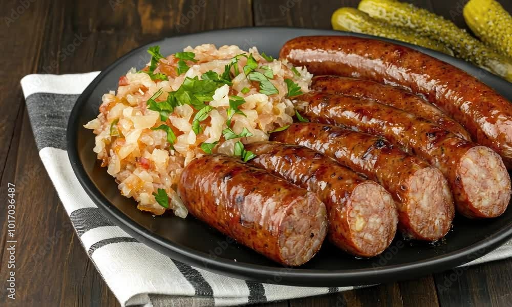 Enjoy a plate of perfectly grilled sausages accompanied by tangy sauerkraut and crunchy pickles, showcasing a mouthwatering meal ideal for any gathering Enjoy a plate of perfectly grilled sausages accompanied by tangy sauerkraut and crunchy pickles, showcasing a mouthwatering meal ideal for any gathering