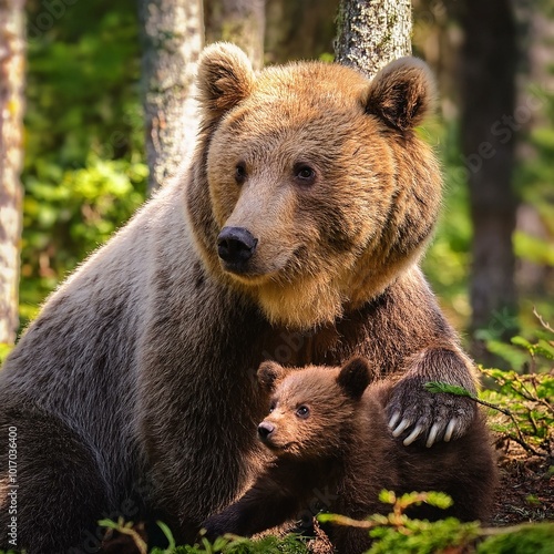 Wallpaper Mural 青々と茂る森の中で、心豊かな子グマが木に登ったり、葉っぱをかき分けたりしながら遊んでいます。母グマは優しく見守りつつ、木の実や果物を見つけて食べている Torontodigital.ca