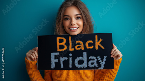 Smiling woman holding Black Friday sign against blue background, excited about shopping event, perfect promotional banner for holiday sales and discounts photo