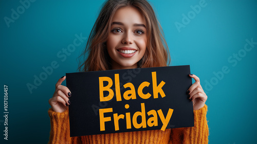 Smiling woman holding Black Friday sign against blue background, excited about shopping event, perfect promotional banner for holiday sales and discounts photo