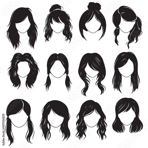 Female fashion hairstyle set. Woman head with haircuts, ponytail and bun, hair styles silhouette flat vector, Different various hairstyles icon