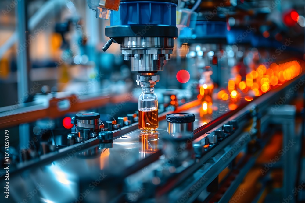 Naklejka premium Automated Production Line for Bottling Liquid Products in a Modern Factory
