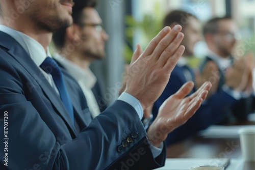 Businessmen in office applaud presentation showing appreciation.