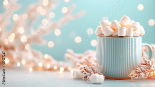 Hot chocolate with marshmallows in a blue mug, cozy winter beverage, Christmas holiday treat, warm and comforting drink with soft bokeh lights background