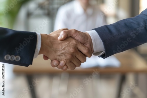 Successful job interview leads to hiring  consultation ends with handshakes. photo