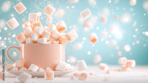 Overflowing cup of marshmallows in a pastel mug, flying marshmallows against soft blue background, festive winter treat, fun and playful holiday dessert concept photo