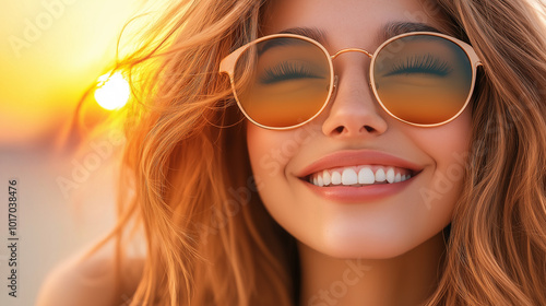 Close-up of smiling woman wearing sunglasses, happy summer vibes, enjoying warm sunny day, carefree lifestyle with sun setting in the background photo