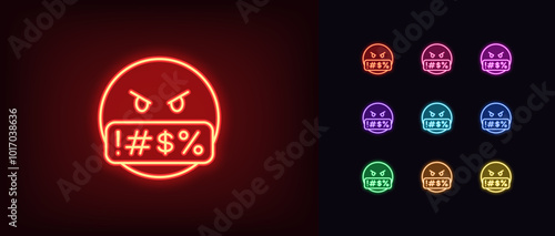 Outline neon swearing emoji icon set. Glowing neon angry emoji with mouth censor, filthy language. Emoticon with foul speech, offensive word, hating face, swearing emoticon, hatred shout. Vector icons