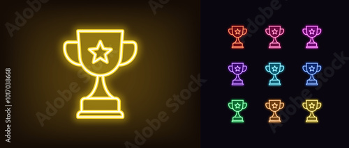 Outline neon award goblet icon set. Glowing neon reward cup with star. Award super cup, sport trophy and top achievement, game prize, sport victory, champion reward, winner triumph. Vector icons