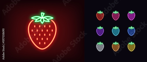Outline neon strawberry icon set. Glowing neon strawberry fruit with leaf, outline silhouette. Ripe berry fruit, strawberry garden, organic food, fruit diet, summer vitamins, health food. Vector icons