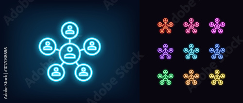 Outline neon leader icon set. Glowing neon central chief, centralized management system. Head authority, team control organization, teamwork manage, distribution system, social network. Vector icons