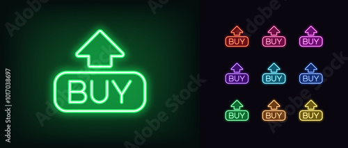 Outline neon Buy icon set. Glowing neon Buy button with up arrow, growing stock market. Stock exchange trading, forecast signal to Buy, green share price, bullish stock market, investment. Vector icon