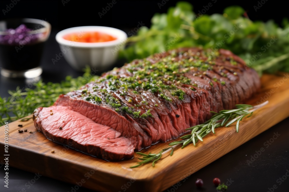 raw sliced meat and vegetables and herbs on a wooden board, delicious food raw sliced meat and vegetables and herbs on a wooden board, delicious food