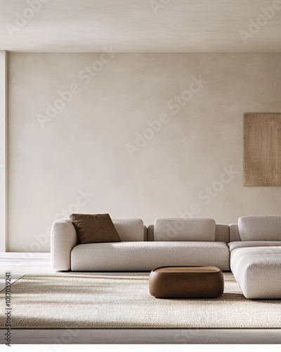 Minimalist living room interior with a white sectional sofa, a brown coffee table, and a rug.