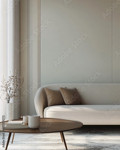 Minimalist living room interior with a white sofa, a wooden coffee table, and a vase with dried flowers.