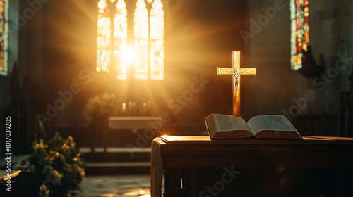 
This captivating image features an altar adorned with a luminous cross basking in sunlight, accompanied by an open holy bible, symbolizing faith, spirituality, and divine light.