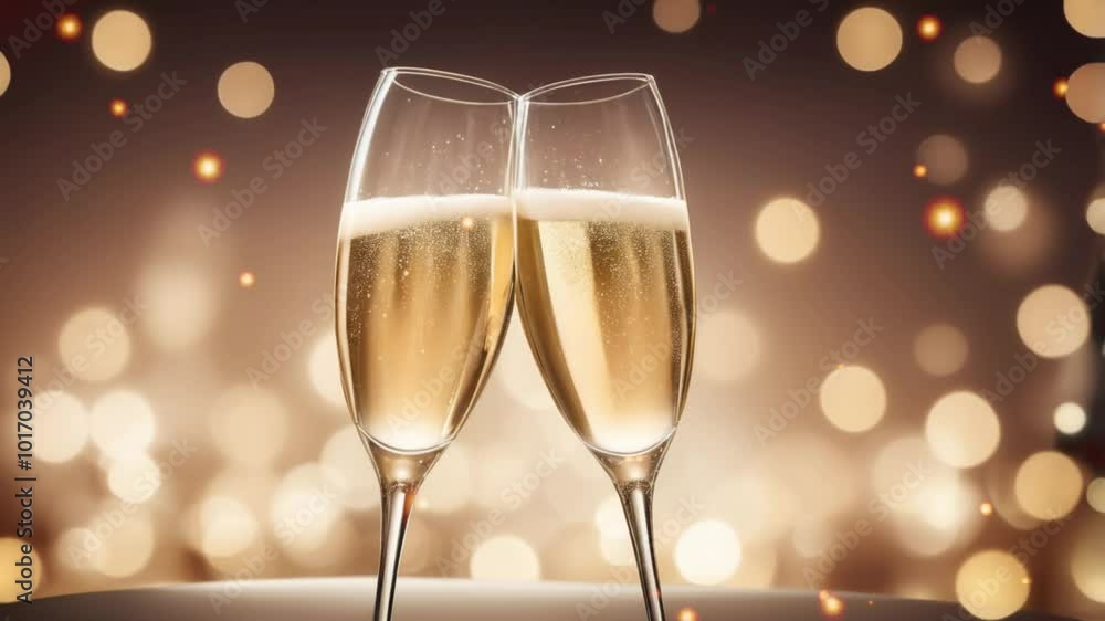 Two champagne glasses against a festive lights background. Two champagne glasses against a festive lights background.