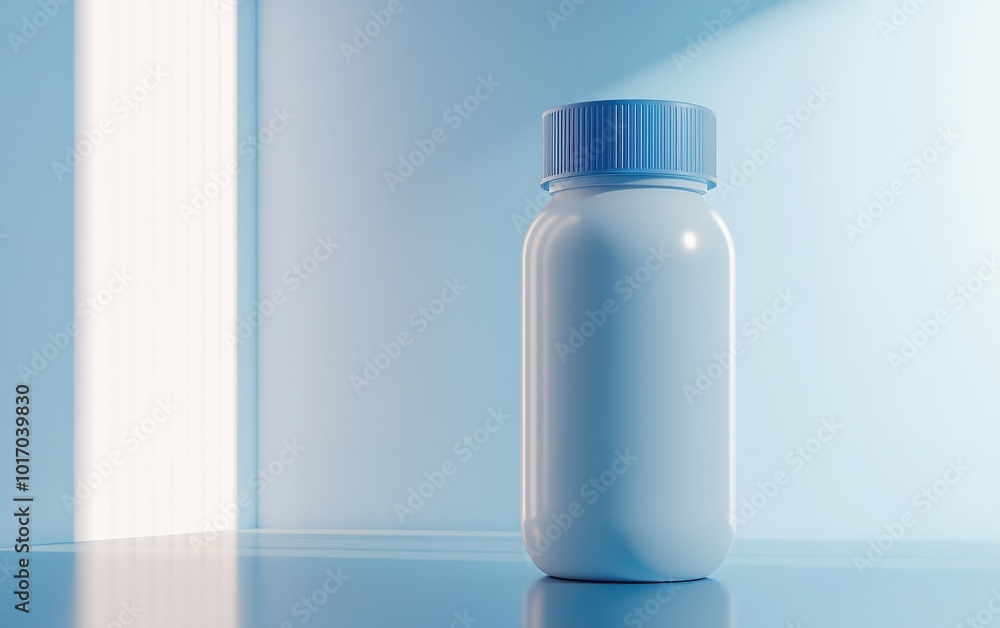 A white plastic bottle with a blue cap placed on a reflective surface illuminated by soft light in a minimalistic setting A white plastic bottle with a blue cap placed on a reflective surface illuminated by soft light in a minimalistic setting