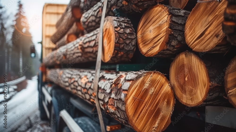 A large trailer loaded with stacked wooden logs ready for transportation and use A large trailer loaded with stacked wooden logs ready for transportation and use