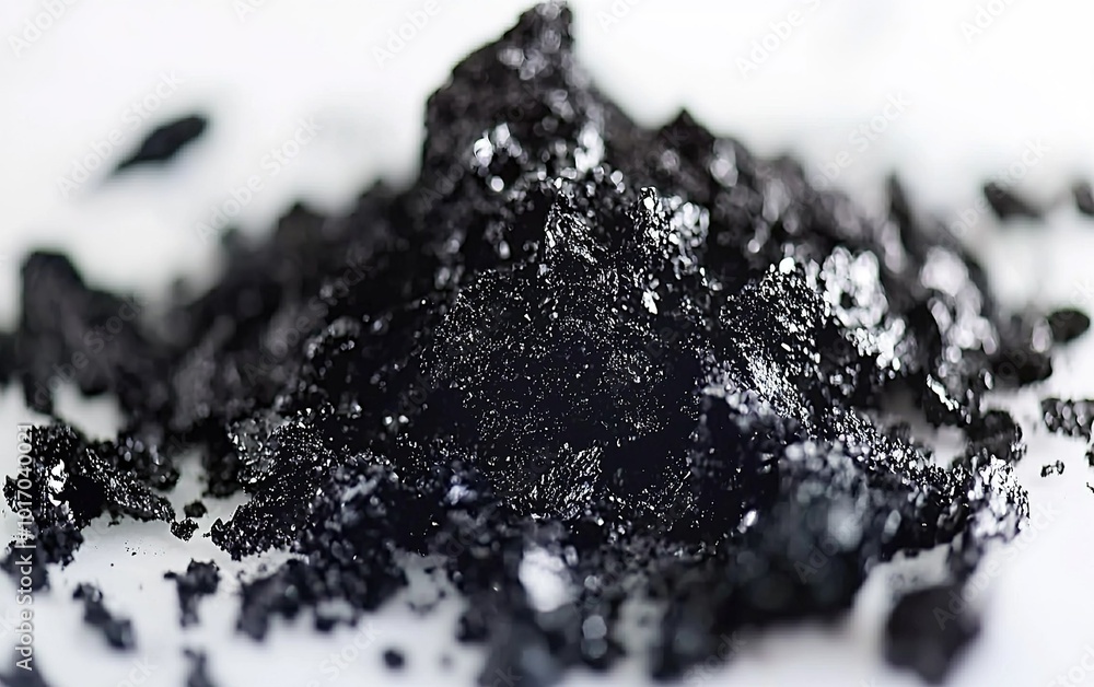 Deep black mineral substance scattered on a white surface, highlighting ...