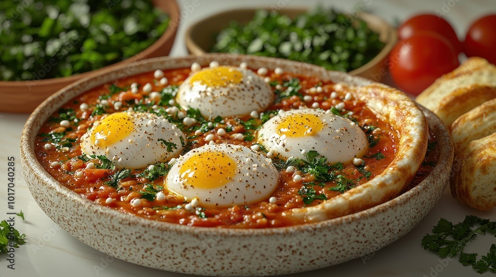 Delicious eggs cooked in rich tomato sauce, surrounded by fresh herbs and crusty bread Delicious eggs cooked in rich tomato sauce, surrounded by fresh herbs and crusty bread