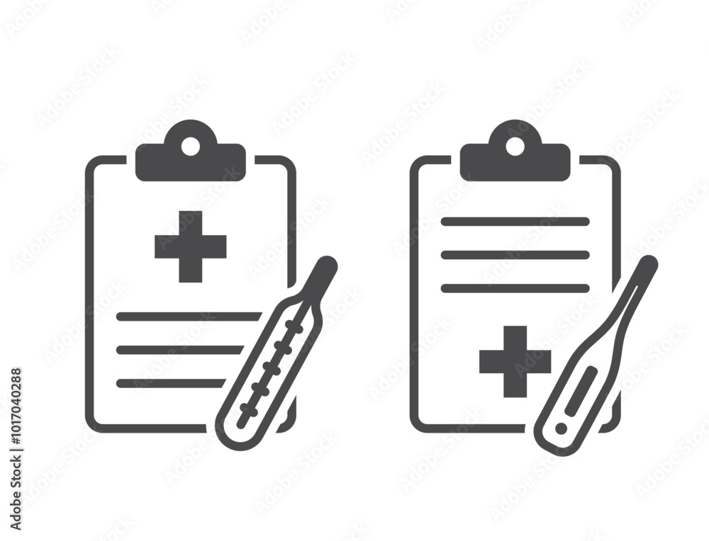 Medical history icons. Patient report card and thermometer. Isolated vector healthcare images Medical history icons. Patient report card and thermometer. Isolated vector healthcare images