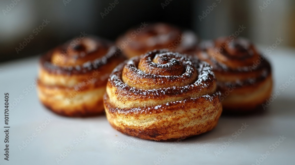 Warm, freshly baked cinnamon rolls await indulgence, dusted with powdered sugar Warm, freshly baked cinnamon rolls await indulgence, dusted with powdered sugar