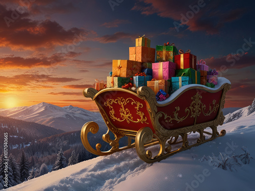 Snat Clause Sleigh With Gifts in Snowy Mountain Landscape photo