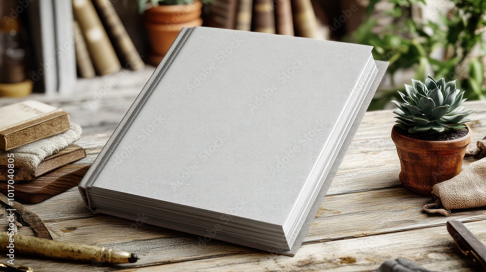 Fototapeta premium A blank journal adorned in serenity sits on a wooden table alongside warm greenery