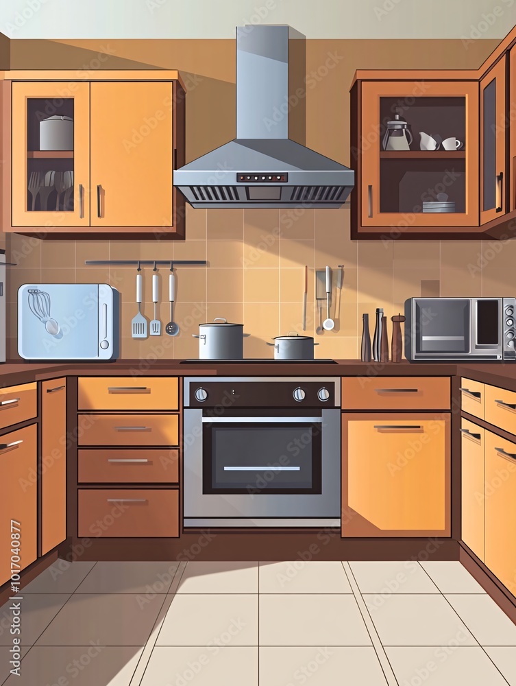 Modern kitchen with stainless steel appliances and wooden cabinets. Modern kitchen with stainless steel appliances and wooden cabinets.