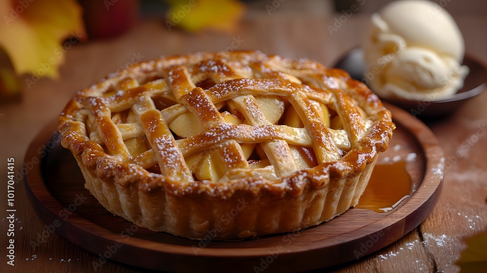 szarlotka, ciasto jabłkowe, karmel, jesień, wypieki domowe, lody waniliowe, ciasto z kratką, ciepły deser, domowa kuchnia, rustykalna prezentacja, stół drewniany, wypieki, karmelizowane jabłka, deser 