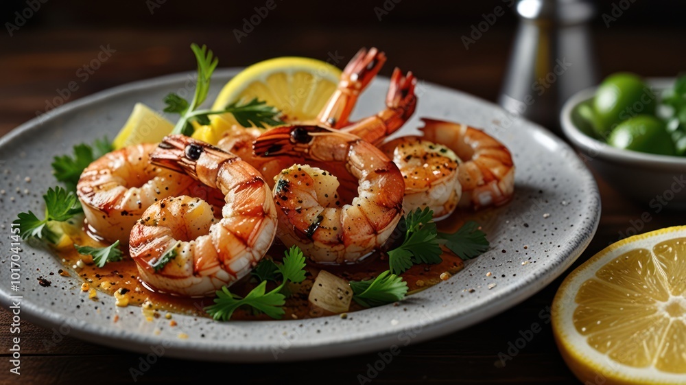 Close-up of grilled shrimp with lemon wedges and parsley on a plate. Close-up of grilled shrimp with lemon wedges and parsley on a plate.