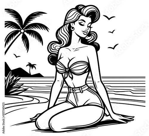 etro beach pin-up girl in a fun and flirty cartoon style black vector