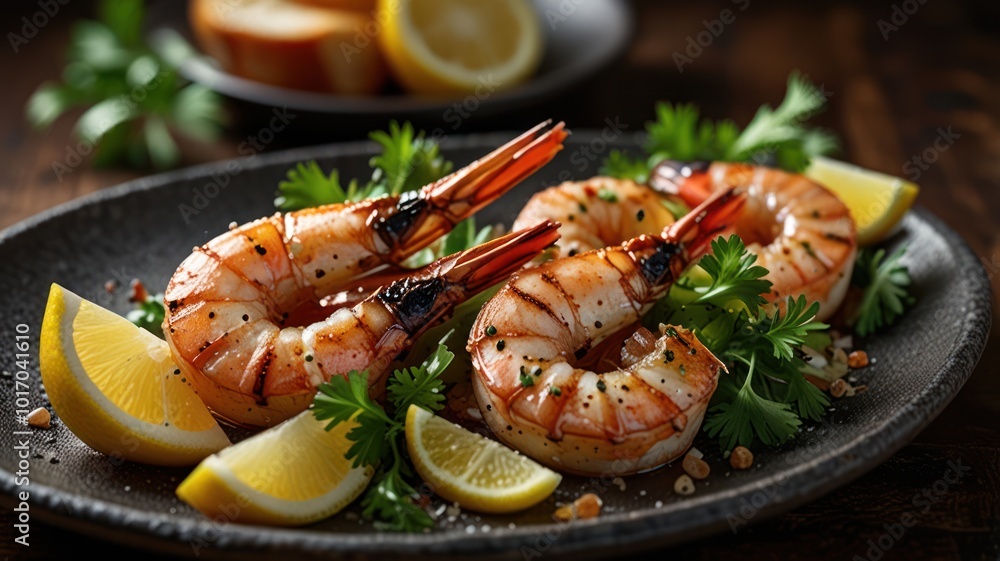 Grilled shrimp with lemon and herbs on a black plate. Grilled shrimp with lemon and herbs on a black plate.