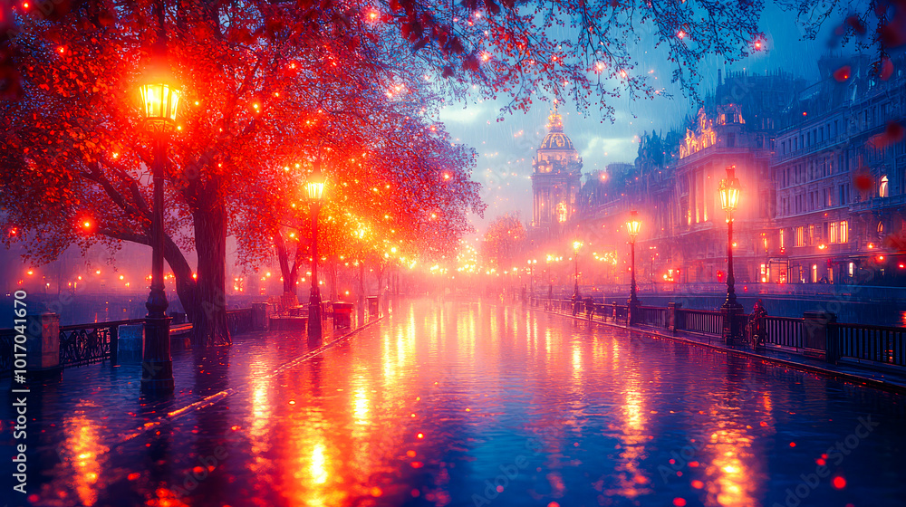 Empty Street in Fog-Covered Metropolis at Dawn: Streetlights Cast Soft Glows Through the Misty Air Empty Street in Fog-Covered Metropolis at Dawn: Streetlights Cast Soft Glows Through the Misty Air