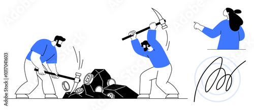 Two individuals using hammers to break blocks and a figure pointing suggest teamwork and guidance. Ideal for business, hard work, collaboration, leadership and achieving success. Line art style