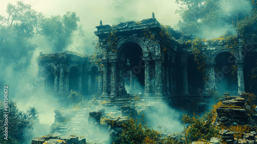 Ancient Ruins Hidden in Fog-Covered Jungle: Moss and Vines Draped Over Pillars Create a Mystical Atmosphere