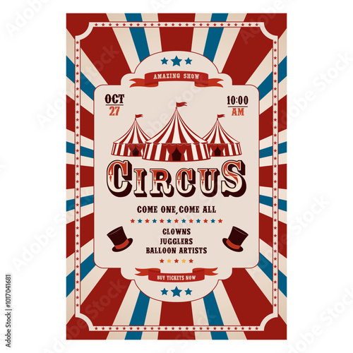 Circus retro invitation poster template with tent. Vector illustration