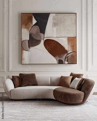 Modern living room with abstract art and comfortable sofa.