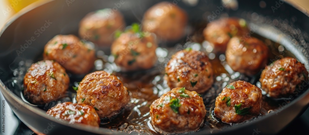 Cooking Delicious Meatballs and Cutlets Sizzling in a Pan Cooking Delicious Meatballs and Cutlets Sizzling in a Pan