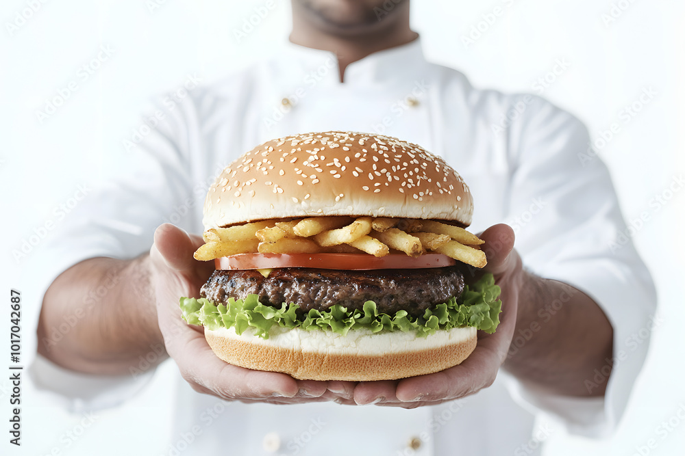Burger Seller with French Fries | Commercial Fast Food Image for Marketing and Advertising Burger Seller with French Fries | Commercial Fast Food Image for Marketing and Advertising