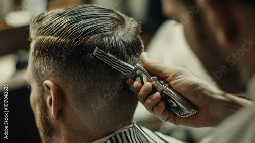 Close-up of a barber giving a man a precise haircut