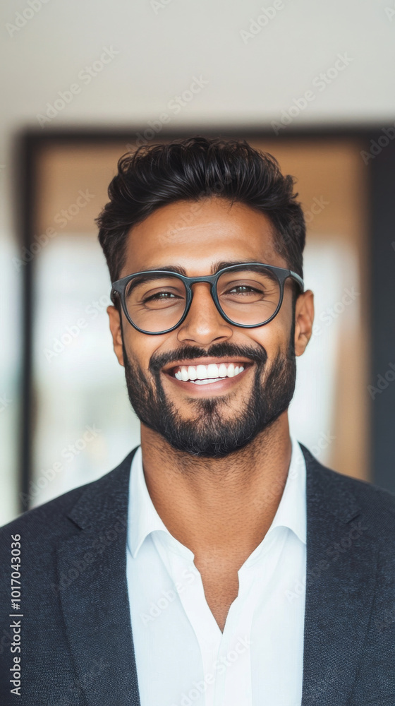Obraz premium A young man in a suit and glasses smiles broadly at the camera.